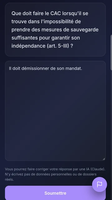 Question à réponse courte : l'énoncé sur l'indépendance du commissaire aux comptes, et la réponse rédigée en dessous.